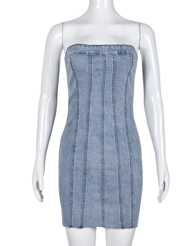 Fashion Backless Tube Denim Dress Summer Sexy Y2K Slim Short Dresses For Women Clothing