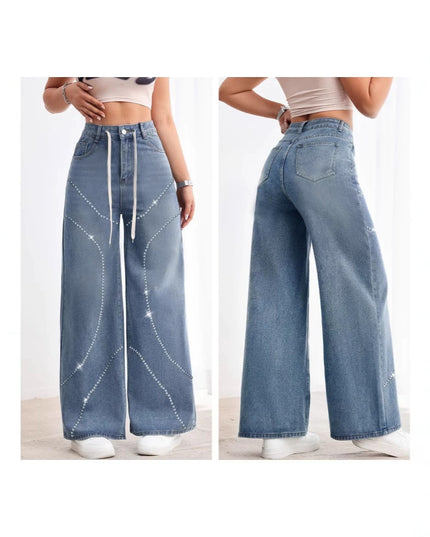 American-style Vintage Womens Washed Denim Jeans With Beadwork