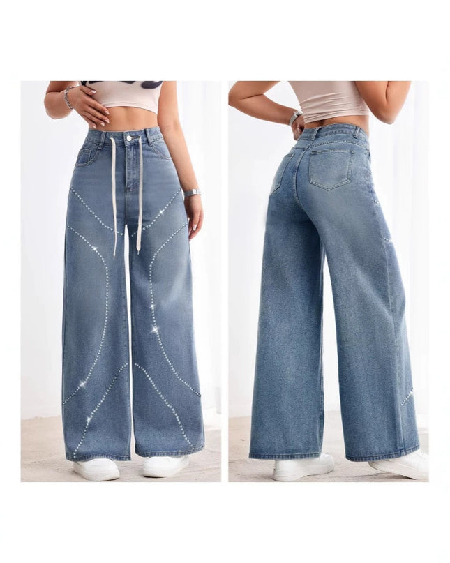 American-style Vintage Womens Washed Denim Jeans With Beadwork